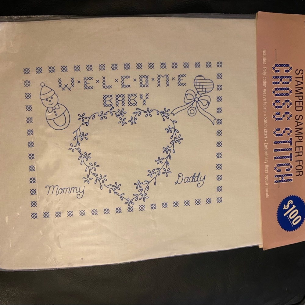 Vintage Woolworth Stamped Sampler Cross Stitch
Welcome Baby with Heart